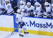 Toronto Maple Leafs left wing Nicholas Robertson (89) celebrates his first NHL goal with teammates during the second period of an NHL hockey playoff game against the Columbus Blue Jackets Thursday, Aug. 6, 2020, in Toronto. (Nathan Denette/The Canadian Press via AP)