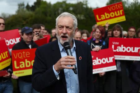 Jeremy Corbyn the leader of Britain's opposition Labour Party speaks during a campaign event in Harlow, Essex, April 27, 2017. REUTERS/Neil Hall