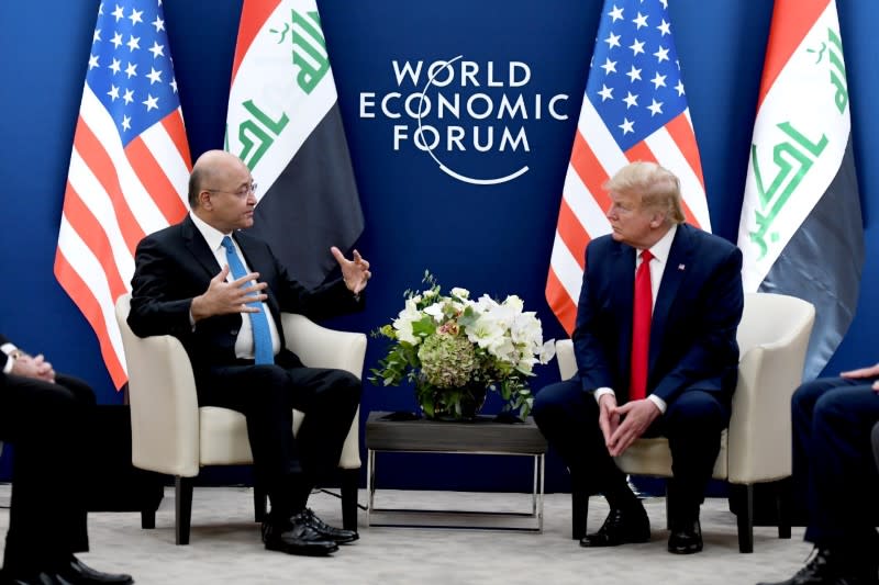 U.S. President Donald Trump meets with Iraq's President Barham Salih during the 50th World Economic Forum (WEF) annual meeting in Davos