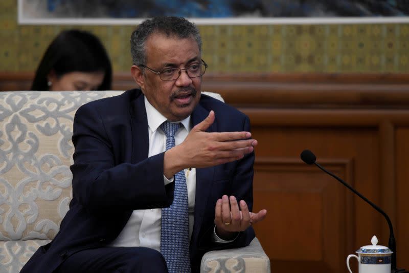 FILE PHOTO: Tedros Adhanom, director general of the World Health Organization, speaks during a meeting with Chinese Foreign Minister Wang Yi at the Diaoyutai State Guesthouse in Beijing