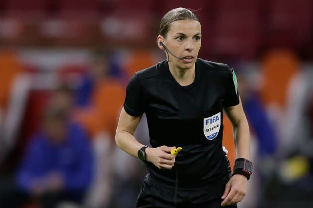 Referee Stéphanie Frappart watches the play during the World Cup 2022 group G qualifying soccer match between The Netherlands and Latvia in Amsterdam on March 28, 2021. 