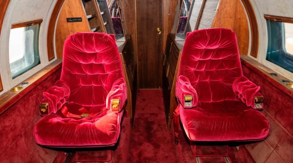 The interior still has the JetStar’s red-velvet upholstery on the seats and walls.