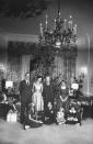 <p>The Eisenhower family stands in front of their Christmas tree, hung with silver tinsel, on their last year in the White House. </p>