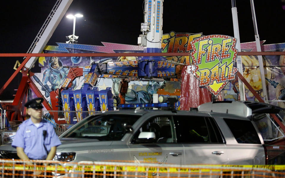 <p>A swinging and spinning amusement park ride called the Fire Ball malfunctioned and broke apart on the opening day of the Ohio State fair on Wednesday, hurling people through the air, killing at least one and injuring seven others. Three of the injured remained in hospital in critical condition on Wednesday night, authorities said at a news conference. “The fair is about the best things in life, and tonight with this accident it becomes a terrible, terrible tragedy,” said Republican Governor John Kasich. Authorities stand near damaged chairs of the Fire Ball amusement ride at the Ohio State Fair Credit: AP </p>