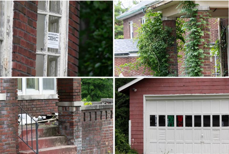 Detail shots from a home at 8300 W. Main St. in Belleville show, clockwise from top left, a condemned notice on a French door, weedy vines growing up columns, graffiti on the garage door and debris where the front porch collapsed.