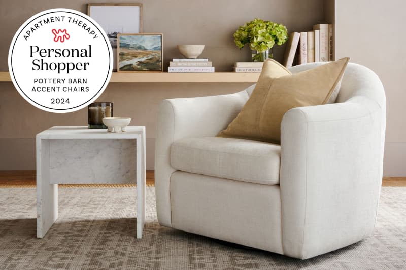 Pottery Barn accent chair in room with seal in upper left that reads "Apartment Therapy Personal Shopper: Pottery Barn Accent Chairs 2024"