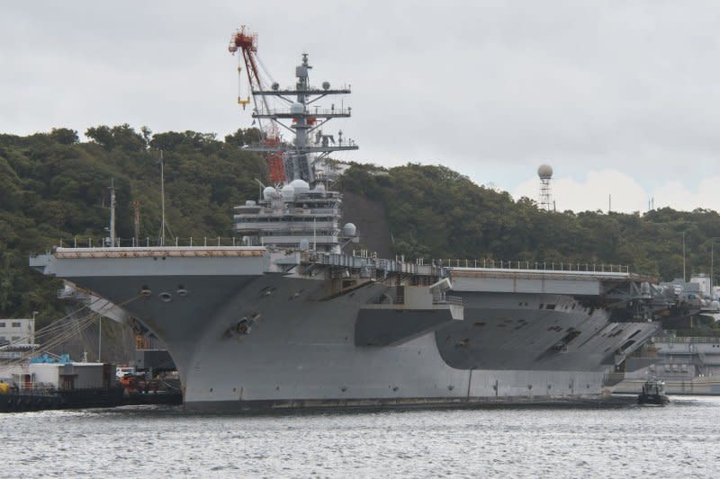 The arrival of the nuclear-powered aircraft carrier USS Ronald Reagan in Busan South Korea Friday prompted a North Korean warning of 'catastrophic consequences.' The carrier is shown here Yokosuka, Japan Sept. 21, 2023. Photo by Keizo Mori/UPI