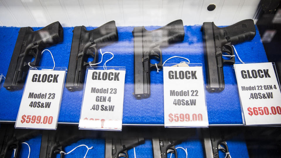 Glock pistols are shown for sale at a range in Maryland in this 2015 file photo. Maryland is considering adopting Donna's Law, which would allow people to voluntarily place their names on a 