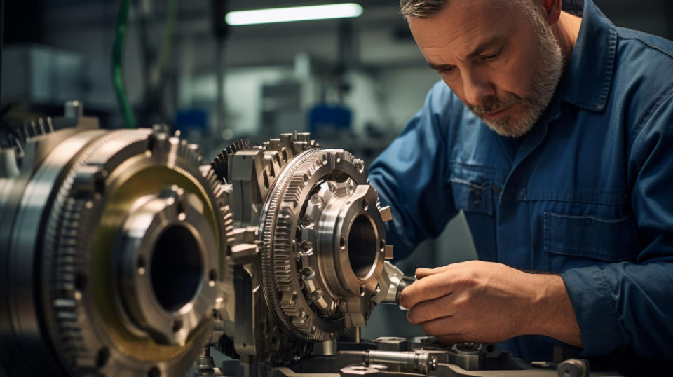 A skilled machinist inspecting a precision bearing for a aerospace/defense application.