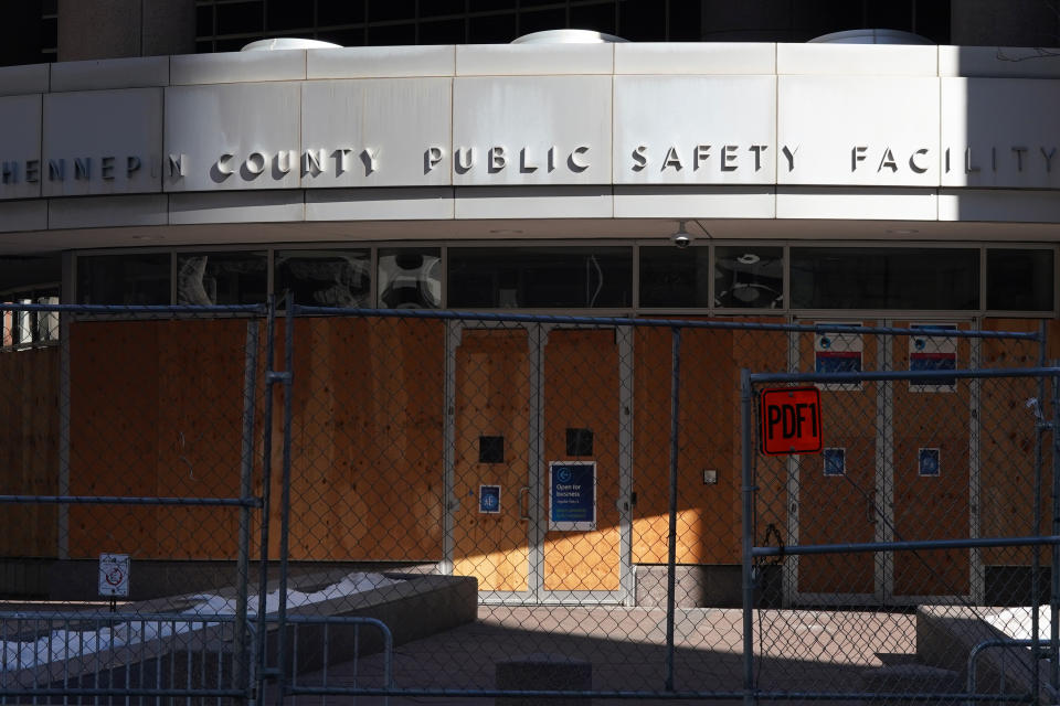 Chain link fence with barbed wire, concrete barriers and concertina wire surround the Hennepin County Public Safety Facility in Minneapolis in preparation for Derek Chauvin's trial in the killing of George Floyd. (Photo: Anthony Souffle/Star Tribune via Getty Images)