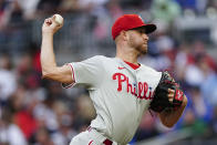 Philadelphia Phillies starting pitch Zack Wheeler delivers to an Atlanta Braves batter in the first inning of a baseball game Monday, May 23, 2022, in Atlanta. (AP Photo/John Bazemore)