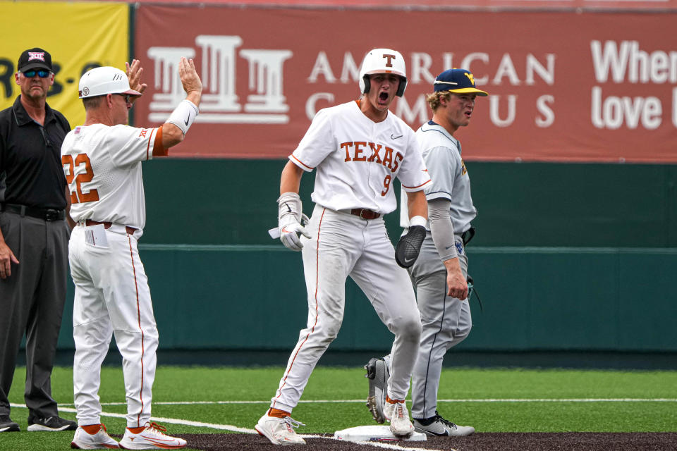 Texas' Jared Thomas celebrates a pair of stolen bases against West Virginia in Saturday's win at UFCU Disch-Falk Field which secured a Big 12 co-championship for the Longhorns in the final regular-season game. Texas is the top seed in this week's Big 12 Tournament that starts Wednesday.