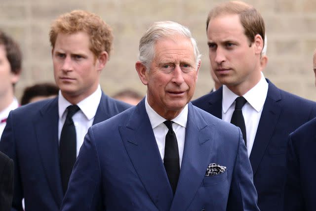 <p>Karwai Tang/WireImage</p> Prince Harry, King Charles and Prince William at Brentwood Cathedral on September 11, 2013.