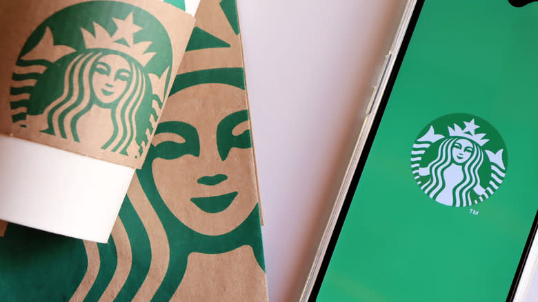 Starbucks cup, bag, and app