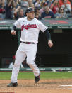Cleveland Indians' Roberto Perez scores on an RBI-single by Myles Straw during the seventh inning of a baseball game in Cleveland, Sunday, Sept. 26, 2021. (AP Photo/Phil Long)