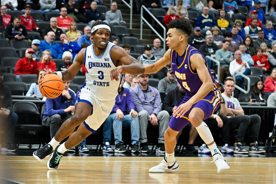 Mar 9, 2024; St. Louis, MO, USA; Indiana State Sycamores guard Ryan Conwell (3) drives to the basket as Northern Iowa Panthers guard Trey Campbell (4) defends during the first half of the Missouri Valley Conference Tournament semifinal game at Enterprise Center. Mandatory Credit: Jeff Curry-USA TODAY Sports