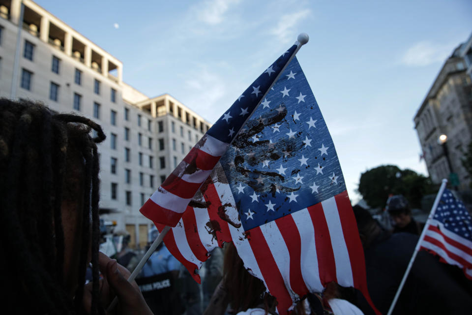 WASHINGTON, USA - JUNE 2: Security forces block the road as protesters gather near Lafayette Park ahead of President Trump's trip to St. John's Church in Washington, United States on June 2, 2020. Protests and riots continue in cities across US following the death of George Floyd, an unarmed black man who died after being pinned down by a white police officer. (Photo by Yasin Ozturk/Anadolu Agency via Getty Images)