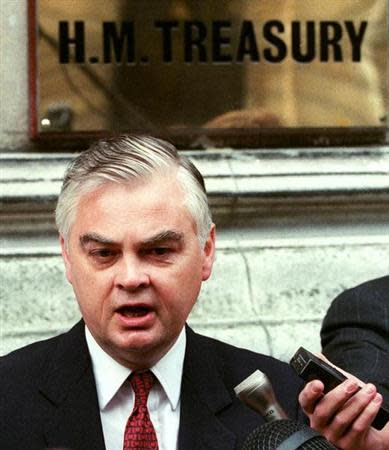 File photo shows Britain's former Chancellor of the Exchequer Lamont speaking to the media about the European Exchange Rate Mechanism (ERM) in London. REUTERS/Stringer