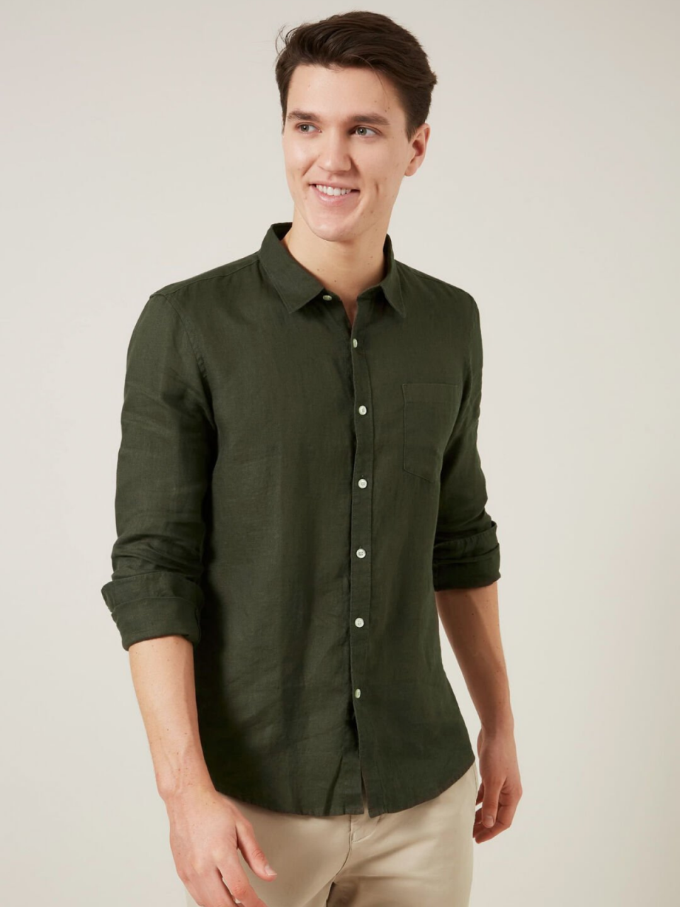 Model wearing Linen Regular Fit Shirt from French Connection