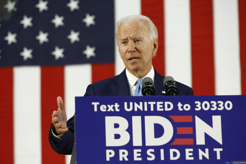 Democratic presidential candidate, former Vice President Joe Biden speaks at Alexis Dupont High School in Wilmington, Del., Tuesday, June 30, 2020. (AP Photo/Patrick Semansky)