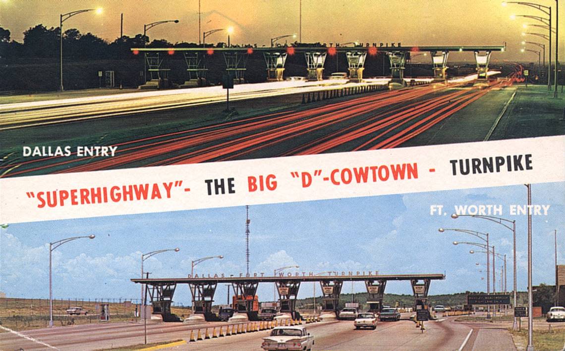 Early 1960s: A postcard showing day and night views of the toll gates at opposite ends of the Dallas-Fort Worth Turnpike.