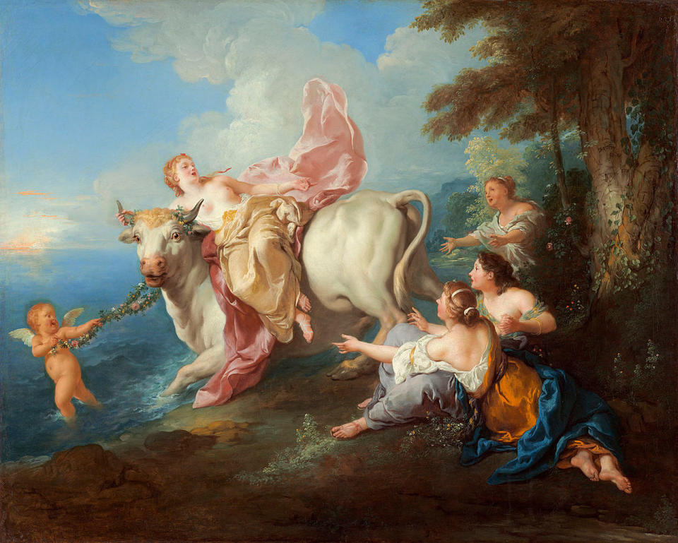 "The Abduction of Europa" (1716), Jean François de Troy. Greek mythology tells of the god Zeus abducting and seducing the maiden Europa while he was disguised as a white bull. <cite>National Gallery of Art</cite>