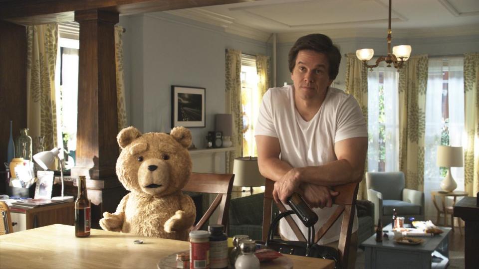 This film image released by Universal Pictures shows Mark Wahlberg, right, with the character Ted, voiced by Seth MacFarlane in a scene from "Ted." (AP Photo/Universal Pictures)