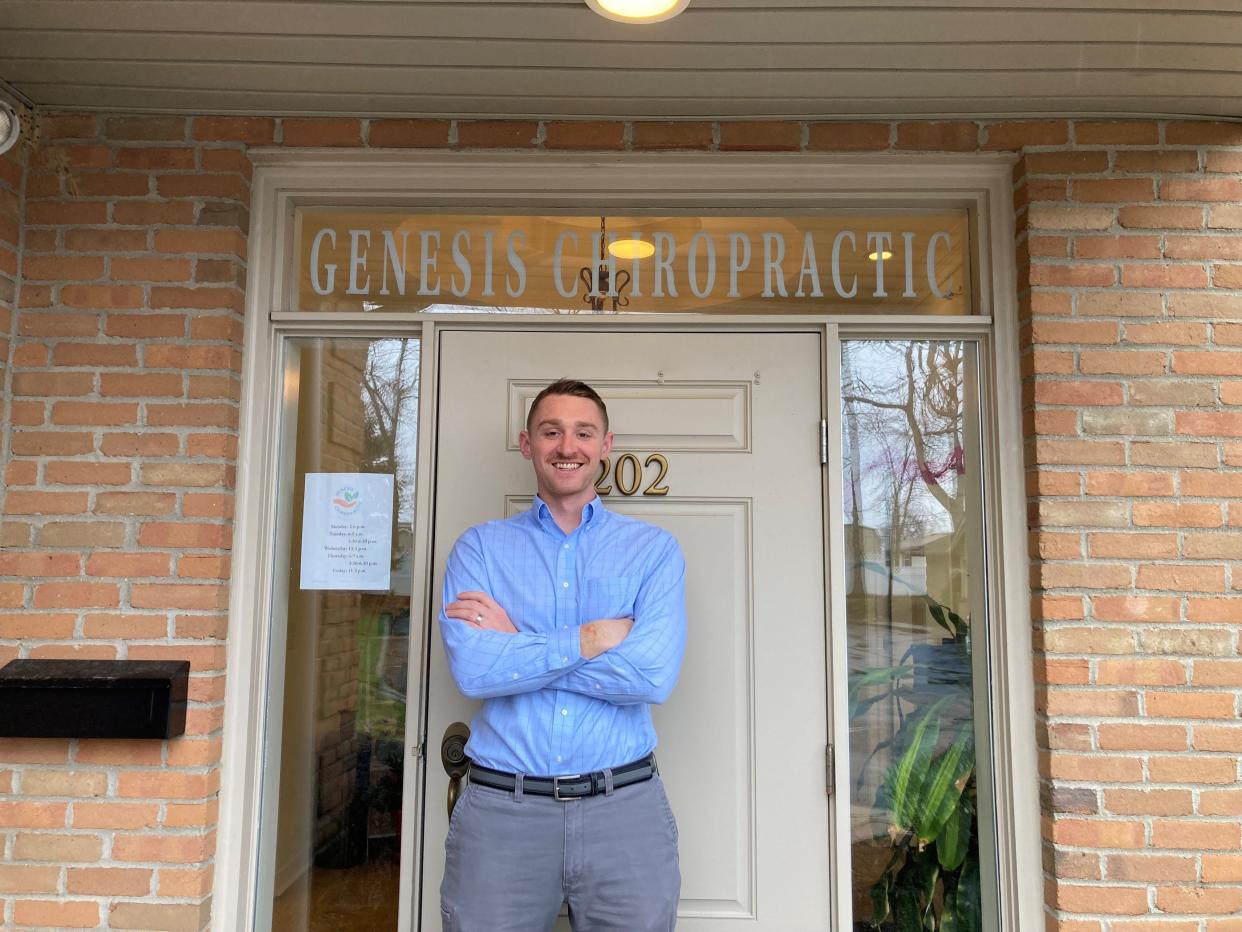 Dr. David Claggett in front of Genesis Chiropractic, which he opened at 202 E. Broad St. in Pataskala in February 2022.