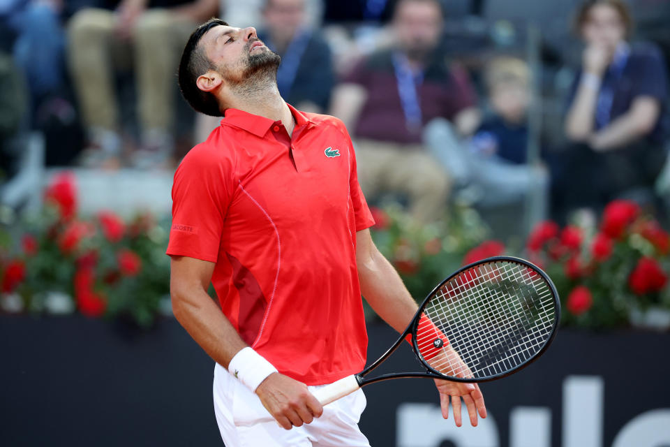 ROME, ITALY - MAY 10: Novak Djokovic of Serbia reacts during the Men's Singles second round match against Corentin Moutet of France during Day Five of the Internazionali BNL D'Italia 2024 at Foro Italico on May 10, 2024 in Rome, Italy. (Photo by Giampiero Sposito/Getty Images)