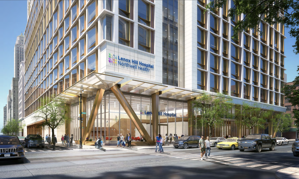 An initial rendering of Lenox Hill Hospital's planned expansion at Lexington Avenue and East 76th Street, presented to Community Board 8 in March 2019. (Northwell Health)