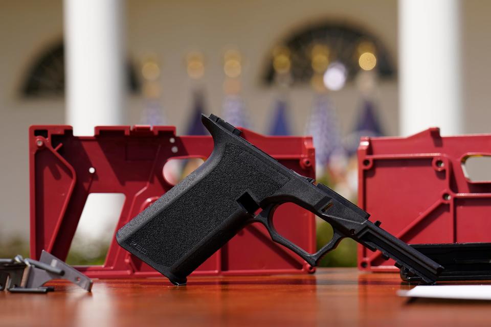 A 9mm "ghost gun" pistol build kit with a commercial slide and barrel with a polymer frame is displayed in the Rose Garden of the White House in Washington, Monday, April 11, 2022. A leading manufacturer of ghost guns has agreed Wednesday, Feb. 21, 2024, to stop selling its untraceable, unassembled firearms to Maryland residents.
