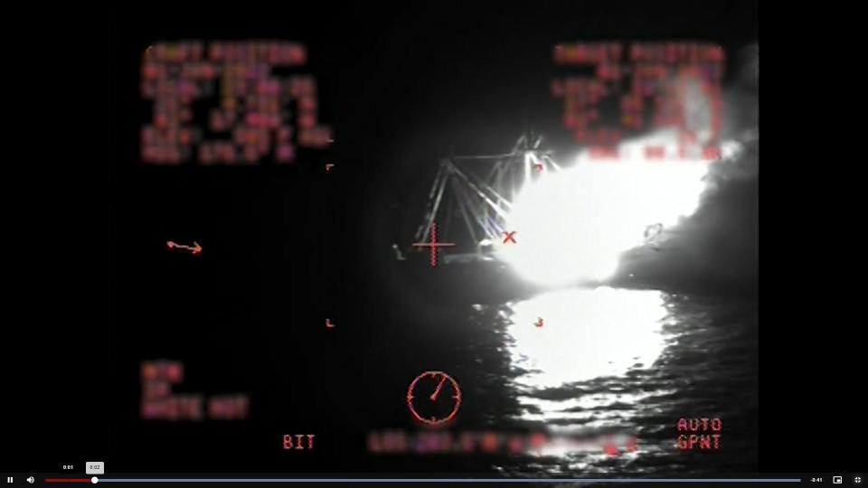 A U.S. Coast Guard MH-60 helicopter crew from Station Clearwater rescued two people, Saturday, after their vessel caught fire approximately 28 miles south of Fort Myers Beach.