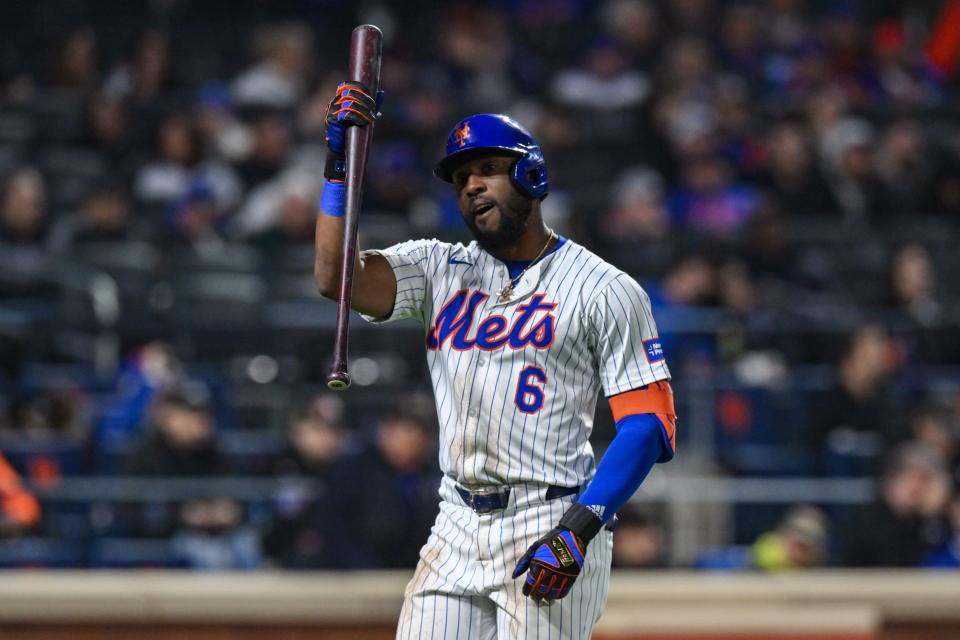 New York Mets right fielder Starling Marte (6) reacts during the fourth inning against the Detroit Tigers on April 1, 2024, at Citi Field.