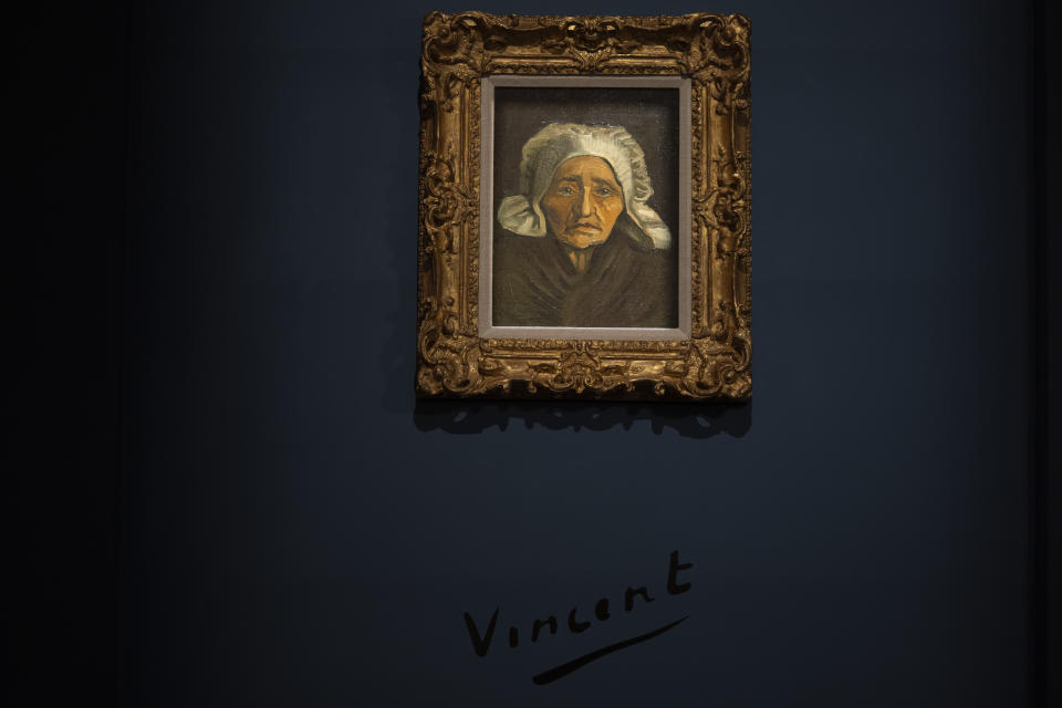 Dutch master Vincent van Gogh's painting titled "Head of a Peasant Woman in a White Headdress" is one of the highlights of the European Fine Art Foundation, known by its acronym TEFAF, in Maastricht, southern Netherlands, Thursday, March 7, 2024. (AP Photo/Peter Dejong)