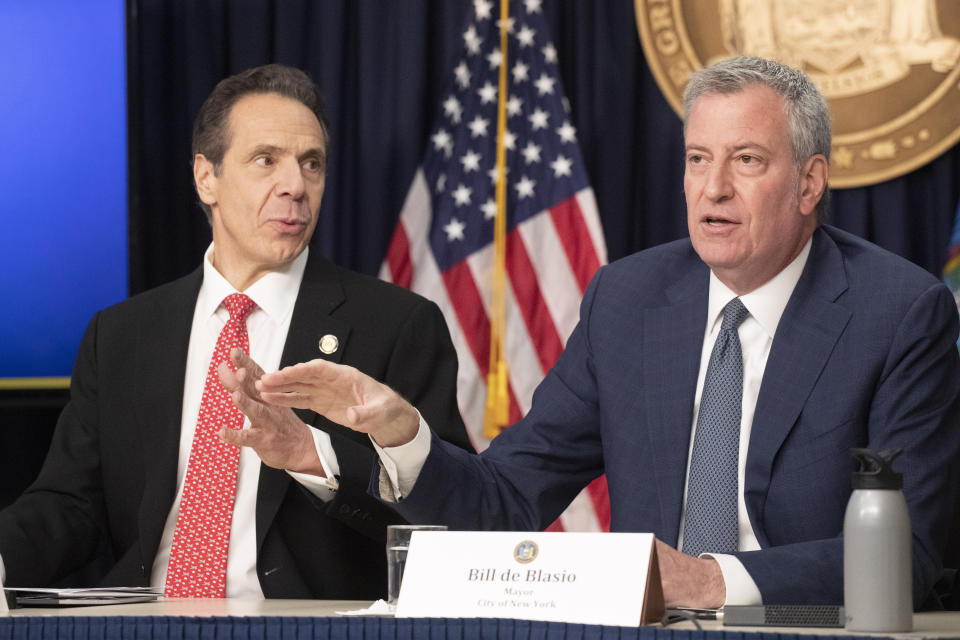 New York Gov. Andrew Cuomo, left, and Mayor Bill de Blasio discuss the state and city's preparedness for the spread of coronavirus at a news conference, Monday, March 2, 2020 in New York. (Mark Lennihan/AP)
