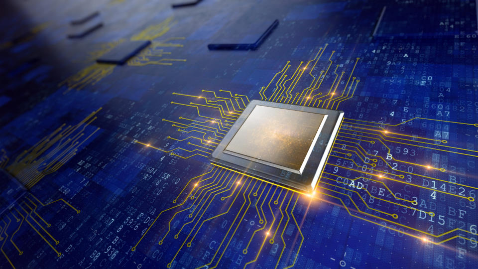 A rendering of a square semiconductor chip with electronic signals shooting out on all four sides