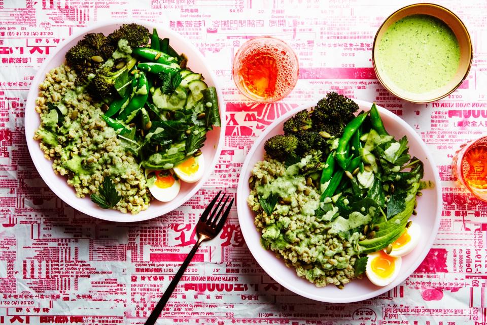 Buddha bowls aren't really about Buddha. But they are delicious—especially this one, which is packed full of greens and topped with an herby Green Goddess dressing.