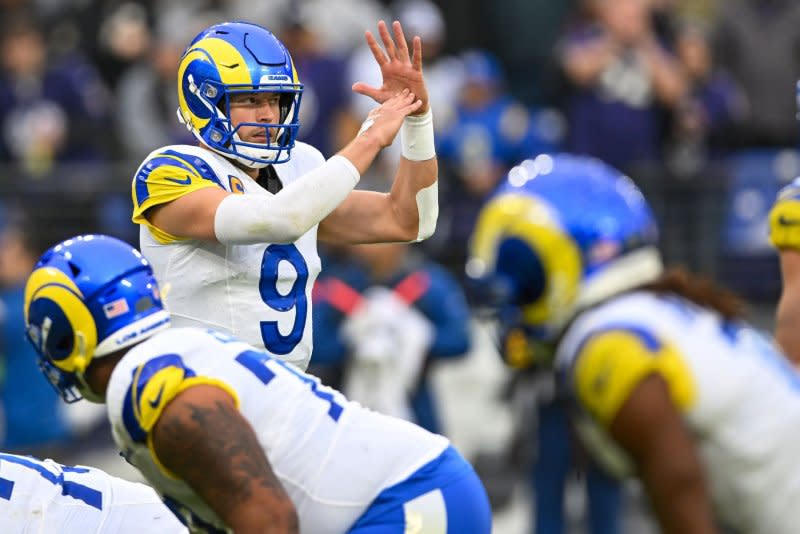 Los Angeles Rams quarterback Matthew Stafford calls for a time out against the Baltimore Ravens on Sunday at M&T Bank Stadium in Baltimore. Photo by David Tulis/UPI
