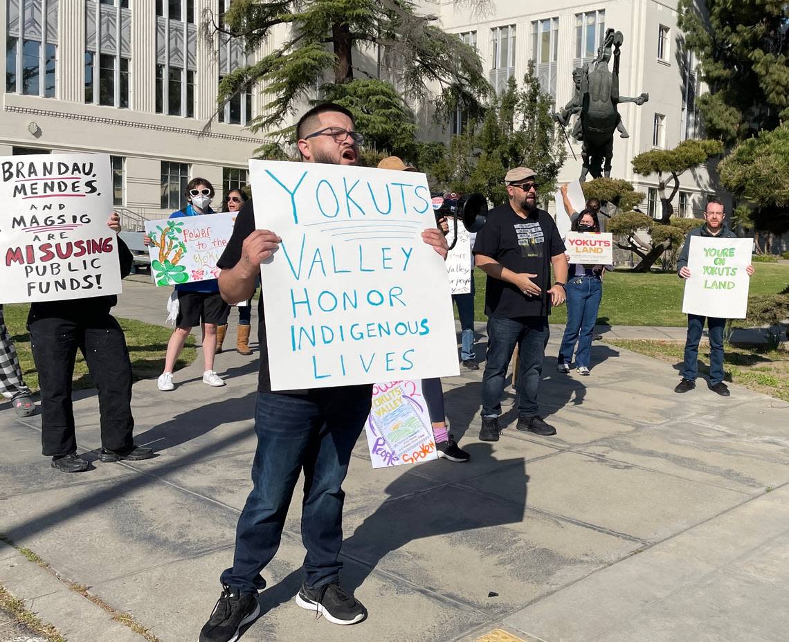 Fresno County residents show their support of the name Yokuts Valley and call on the Board of Supervisors to throw out its “frivolous” lawsuit against the state of California in downtown Fresno on April 11, 2023.