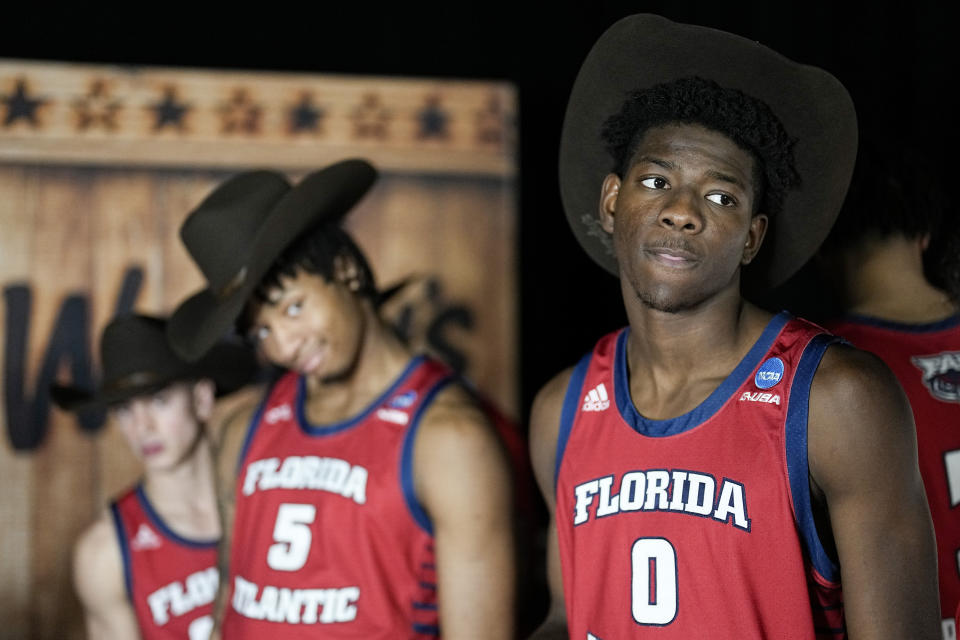 Florida Atlantic forward Brenen Lorient waits during a promo in preparation for the Final Four college basketball game in the NCAA Tournament on Thursday, March 30, 2023, in Houston. San Diego State will face Florida Atlantic on Saturday. (AP Photo/David J. Phillip)