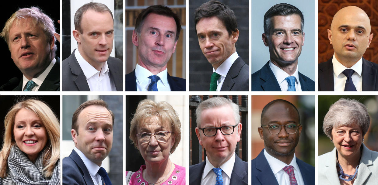 The contenders in the Conservative leadership race (top row, left to right) former Foreign Secretary Boris Johnson, former Brexit Secretary Dominic Raab, Foreign Secretary Jeremy Hunt, International Development Secretary Rory Stewart, former Conservative chief whip Mark Harper, Home Secretary Sajid Javid, (bottom row, left to right) former Work and Pensions Secretary Esther McVey, Health Secretary Matt Hancock, former House of Commons Leader Andrea Leadsom, Environment Secretary Michael Gove, Sam Gyimah, who are trying to replace Prime Minister Theresa May.