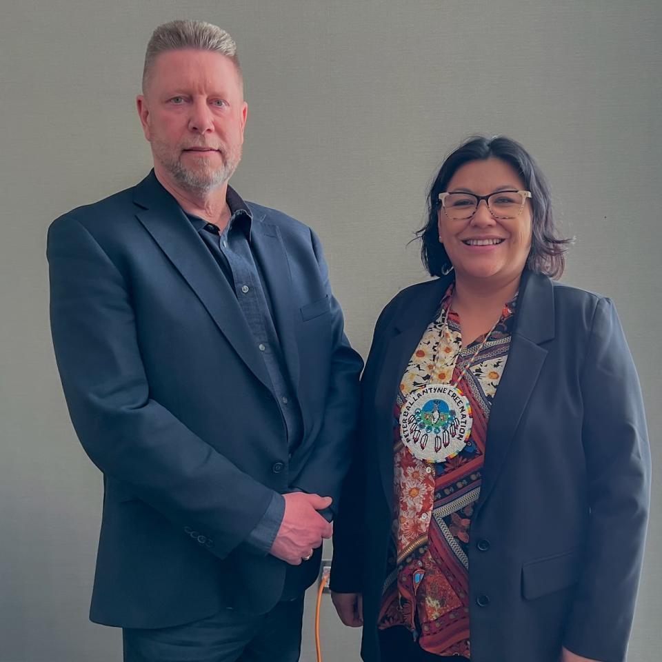 Peter Ballantyne Cree Nation chief Karen Bird stands with new community safety lead Troy Cooper