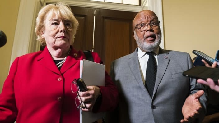 California Rep. Zoe Lofgren (left) and Mississippi Rep. Bennie Thompson (right) of the House committee investigating the Jan. 6 attack on the U.S. Capitol speak to reporters at they leave the hearing room on Capitol Hill last Monday. (Photo: Manuel Balce Ceneta/AP)