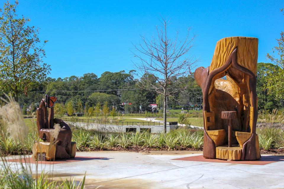 Tallahassee artist John Birch created three artworks from live oak wood stumps that were carefully preserved specifically to be repurposed along the Capital Cascades Trail.