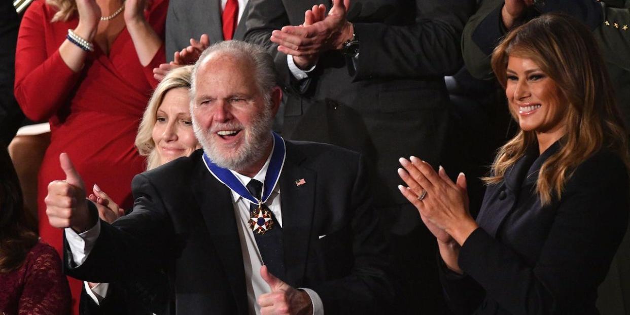 Radio personality Rush Limbaugh pumps thumb after being awarded the Medal of Freedom by First Lady Melania Trump after being acknowledged by US President Donald Trump as he delivers the State of the Union address at the US Capitol in Washington, DC, on February 4, 2020.