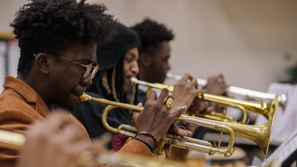 (Front to back) Jauron Perry, 12th grade, Keyon Bullock, 11th grade, and Jamir Jefferson, 12th grade, of the Detroit School of Arts, play trumpet. Students will have an opportunity to showcase their talents on one of the city's grandest stages Thursday, May 19, when “An Evening of Fine Arts” returns to the Fox Theatre.