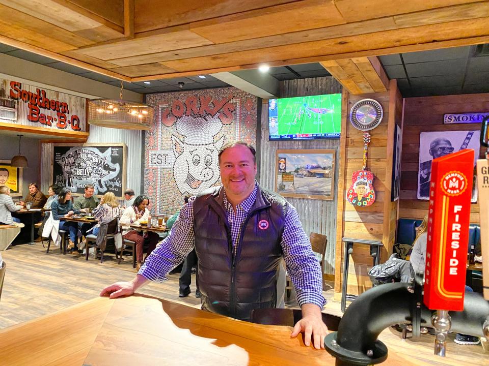 Jimmy Stovall, the owner and CEO of Corky's BBQ, at the Memphis barbecue chain's remodeled restaurant at 5259 Poplar Ave. in Memphis.