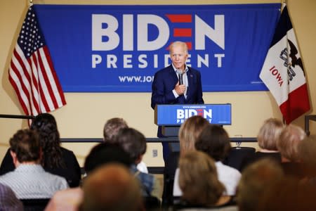 Democratic 2020 U.S. presidential candidate and former Vice President Joe Biden speeks at an event at Iowa Wesleyan University in Mount Pleasant