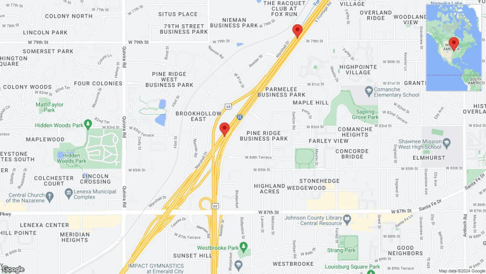 A detailed map that shows the affected road due to 'Heavy rain prompts traffic advisory on eastbound I-35 in Lenexa' on June 19th at 4:24 p.m.