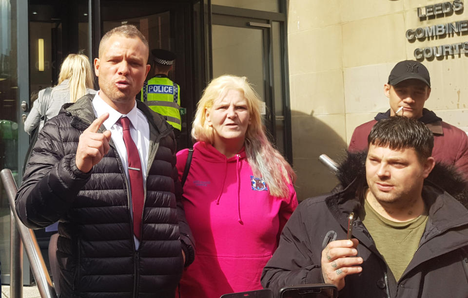 Defendant Phillip Hoban (left) addressing his supporters outside Leeds Crown Court after the hearing. Hoban of Predator Exposure group denied the false imprisonment of a man in the Chapel Allerton area of Leeds, on January 13.